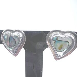Vintage ATI Sterling Silver Mexico Earrings 925 Clip On Tilted Heart Abalone 14g